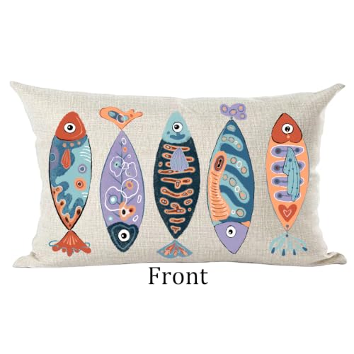 Ramirar Geometric Fish Lumbar Throw Pillow Cover, 12x20 Cotton Linen