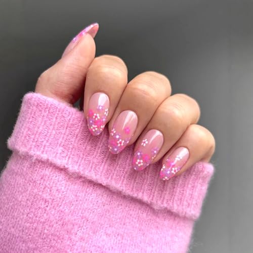 Short Almond French Tip Press on Nails with Floral Design, 24Pcs Reusable Acrylic False Nails