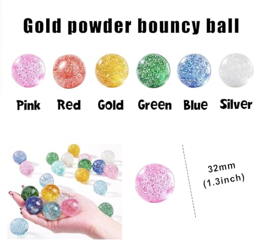 24 Pcs Glitter Bouncy Balls for Kids - 32mm Rubber Party Favors & Classroom Rewards