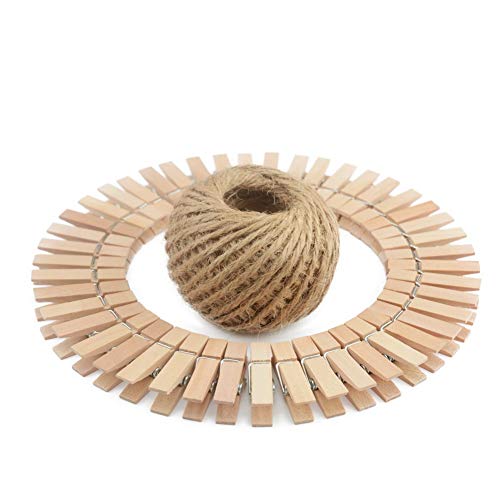 Natural Wooden Clothespins 1.38 Inch - 100 Pack Mini Photo Clips with Jute Twine