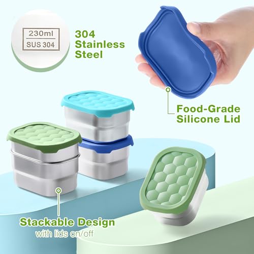 Gencywe Blue 3 Pack Stainless Steel Snack Containers for Kids - Leak Proof & Reusable, 8oz Toddler Lunch Boxes with Silicone Lids