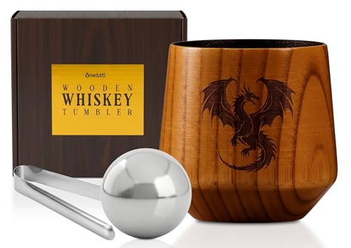Charred Wooden Whiskey Glass - Handcrafted Bourbon Tumbler with Dragon Engraving, Perfect Gift for Men