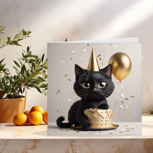 Cute Black Cat Birthday Card - Premium 145mm Eco-Friendly