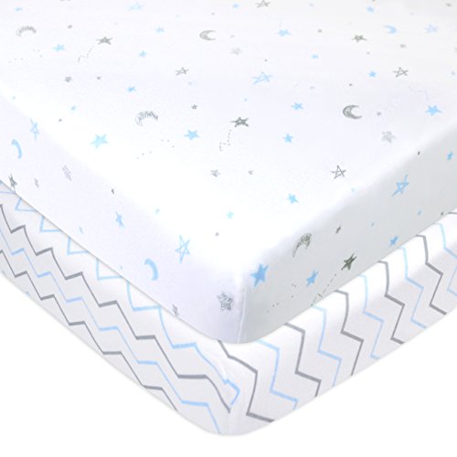 American Baby Company 2-Pack Fitted Mini Crib Sheets, Blue Star/Zigzag