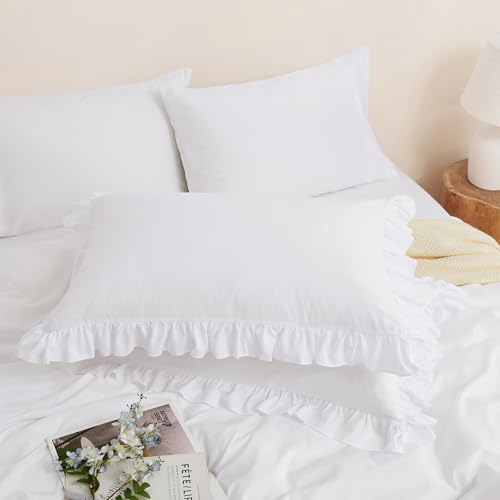 Horbaunal 2-Pack White Ruffle Throw Pillow Covers, 20" x 20" Square Shams