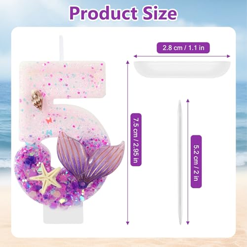 Purple Number 5 Mermaid Birthday Candle - Cake Topper & Decor