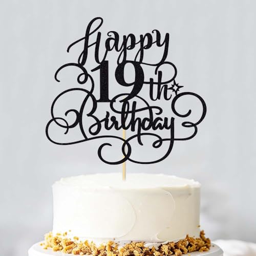 Black Glitter 19th Birthday Cake Topper - Cheers to 19 Years Party Decor