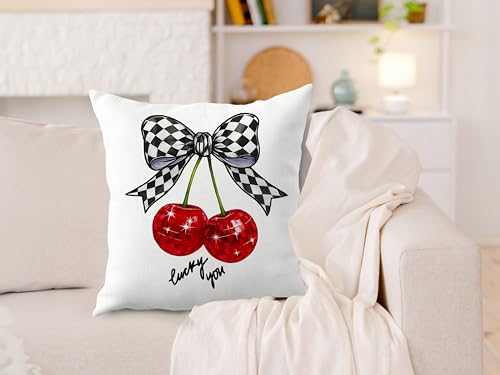Cherry Pillow Cover 18x18 - Black & White Checkered Bow | JMICPTUB