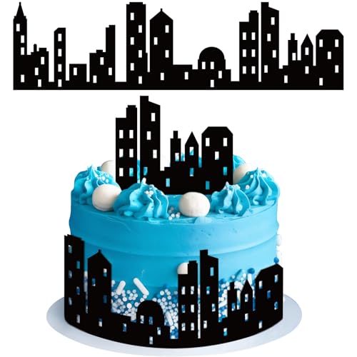 Lemicin 6 Pcs City Cake Side Borders - Black Double-Sided Lighted Skyline Cake Toppers for Birthday Parties
