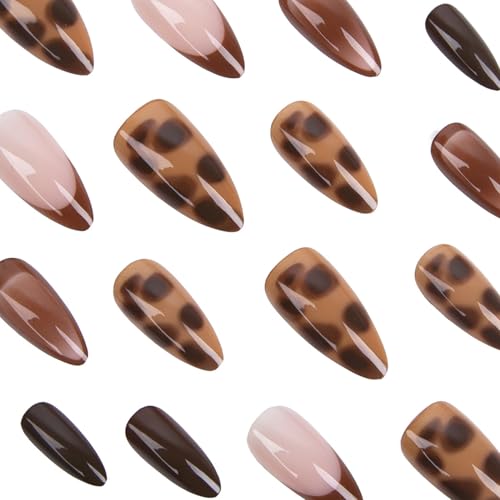 Octoswave Long Almond Press on Nails Leopard Tortoiseshell Glossy Brown 24Pcs