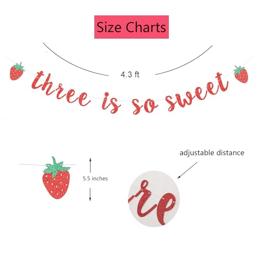 Three is So Sweet 3rd Birthday Strawberry Banner Red Glitter Party Sign