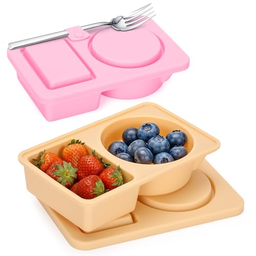 2 PCS Reusable Silicone Snack Containers with Lids - Double Compartment for Fruits & Condiments