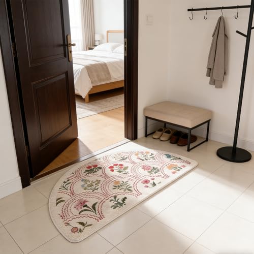 Spring Floral Bathroom Rug 32" x 20" - Soft Boho Bath Mat (Semicircular, Red)