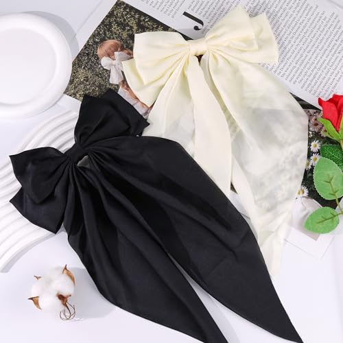 TINKRSTUFF 2 Pcs Silky Satin Big Hair Bows with Metal Clips, Large Long Tail French Barrette Hair Accessories for Women