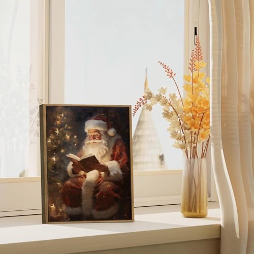 Vintage Christmas Wall Art Santa Reading by Christmas Tree Framed 10x8