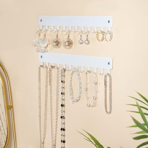 Wall-Mounted Necklace Organizer with Hooks - 2 PCS White Jewelry Holder