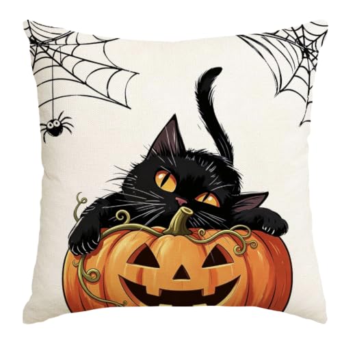 RABUSOFA Halloween Pillow Covers 18x18 Black Cat & Pumpkin