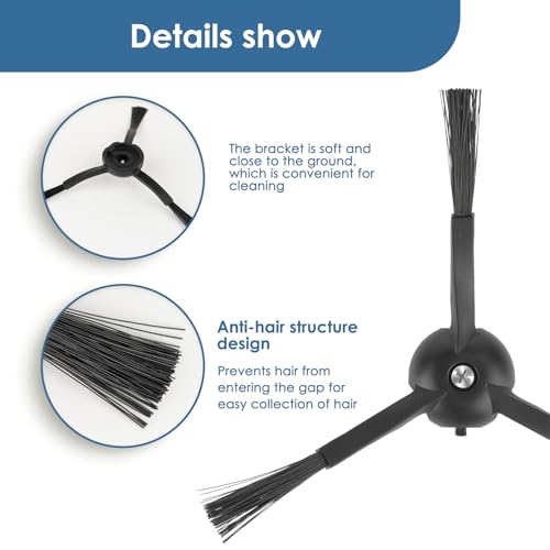 4-Pack 3-Armed Black Side Brushes Replacement for Roborock Robot Vacuums