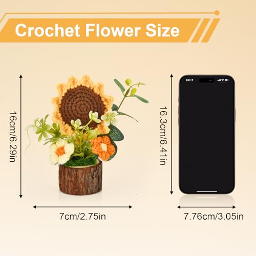 Andvon Crochet Sunflower Bouquet with Wood Base, Mini Desk Decor Gift