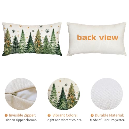 Christmas Pillow Cover 12x20 Inch - Green Trees & Stars Decor