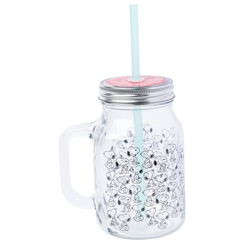Silver Buffalo Peanuts Snoopy Glass Jar with Lid and Straw, 21 Ounces