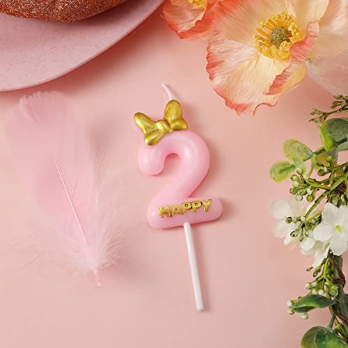 Pink Birthday Number Candle with Bow Knot - 5.8cm Tall