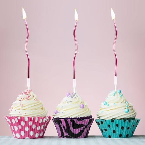 Twisty Birthday Candles - 30 Pack Spiral Metallic Cake Candles with Holders, Rose Gold