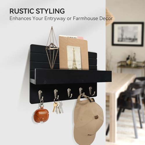 Black Wooden Key Holder Wall Mount with Shelf & 5 Hooks - KISENG