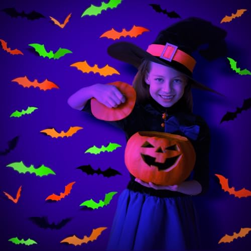 LOLStar 72-Piece 3D Neon Glow Halloween Bat Wall Decals, Fluorescent Decor