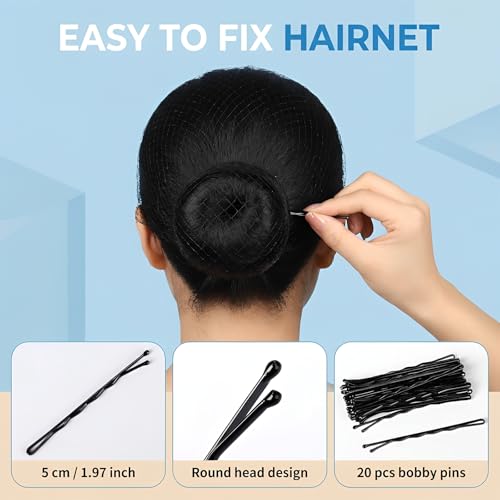 Black Hair Nets for Buns & Food Service - 50 Pcs 24 Inch Nylon Mesh with 20 Hair Pins