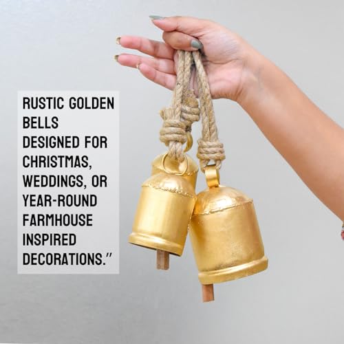 Christmas Hanging Large Cow Bells - Rustic Golden Metal Bells for Farmhouse, Garden & Holiday Décor (Medium 5”4”3” Inch)