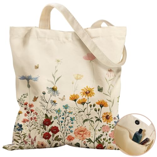 Miss Adola Retro Flower Canvas Tote Bag with Zipper Pocket