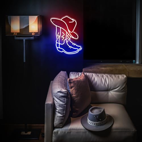 Cowboy Boot Neon Sign with Cowboy Hat - Western Wall Decor for Bedroom, Bar, Office, Man Cave - Variation CBB1