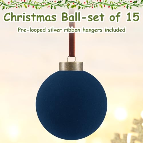 15 Pcs Velvet Christmas Balls Navy Blue 3.15 Inch Holiday Tree Ornaments