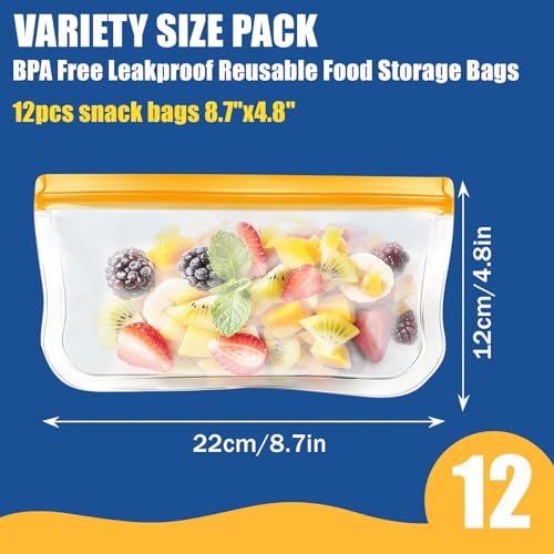 DGDUBRB Reusable Silicone Snack Bags - 12 Pack Leakproof Food Storage