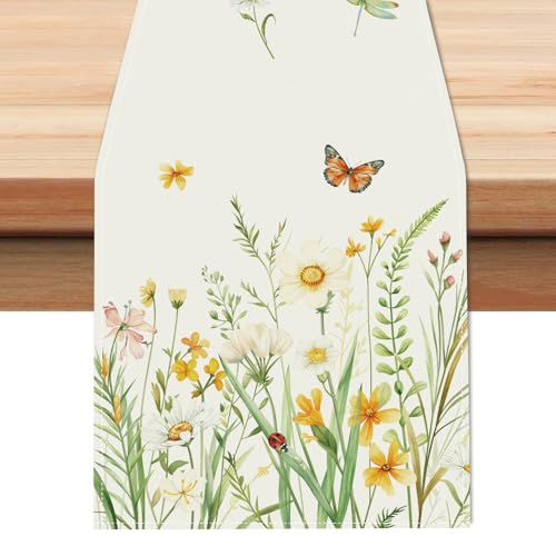 Bonhause Spring Floral Table Runner 13x72 Inch - Yellow & White