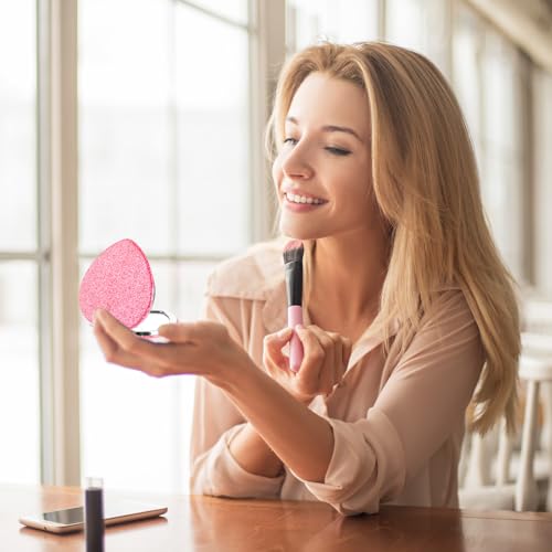 Dimeho Heart Shaped Compact Folding Mirror - Double Sided Portable Travel Makeup Vanity Mirror with 2X Magnification, Pink-Silver Glitter
