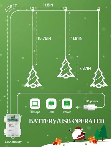 Christmas Tree Window Lights - Green, 30 LEDs with 8 Modes & Timer