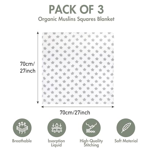GLLQUEN BABY Muslin Swaddle Blanket 3-Pack - Star Pattern, Bamboo Cotton