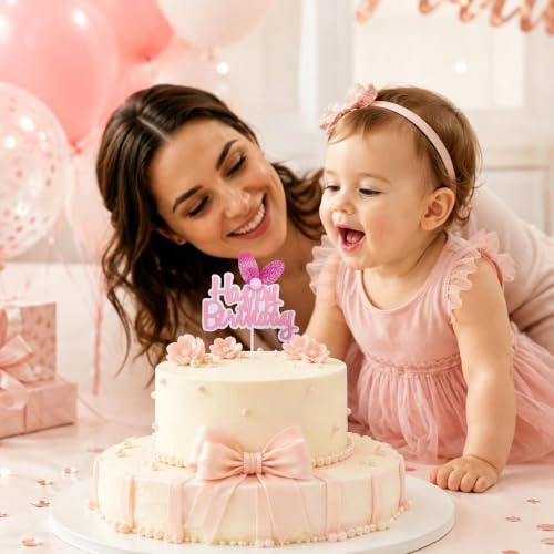 Happy Birthday Cake Topper with Bunny Ears - Pink Glitter Decoration
