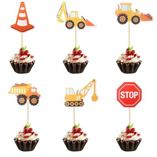 24 Pcs Construction Cupcake Toppers - Excavator & Truck Decorations