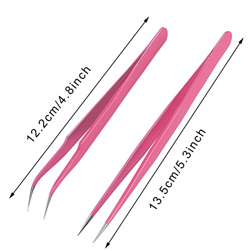 Hotop Eyelash Extension Tweezers Set - Straight and Curved Stainless Steel False Lash Application Tools with Storage Bag, Pink
