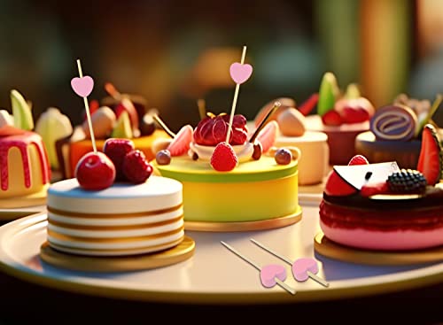 Pink Heart Bamboo Cocktail Picks 4.72 Inch - 20 Pcs Decorative Food Skewers