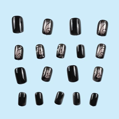 OHWODA Short Square Press on Nails Black Vine Glossy False Nails 24Pcs