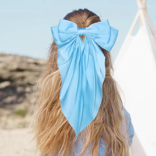 JOYRUBY 2PCS Silky Satin Blue Hair Bows with Long Tail French Barrettes