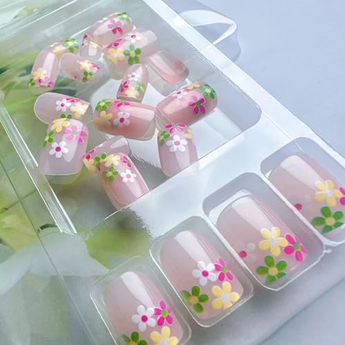 BSBTBZ Flower Press-on Nails Short Square Glossy Acrylic French Tip False Nails
