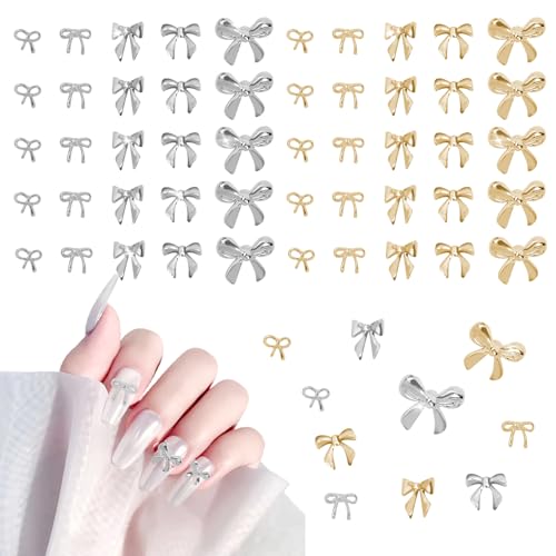200 Pcs Gold and Silver Bow Nail Charms 3D Alloy Bows