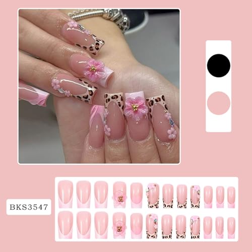 Pink Flower Press on Nails Long Square False Nails 3D Rhinestone