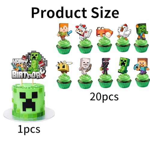 21-Piece Pixel Gaming Cake Decoration Set with Happy Birthday Topper