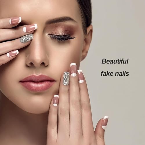 White French Press On Nails Long Square Almond Fake Nails with 3D Bow Rhinestones